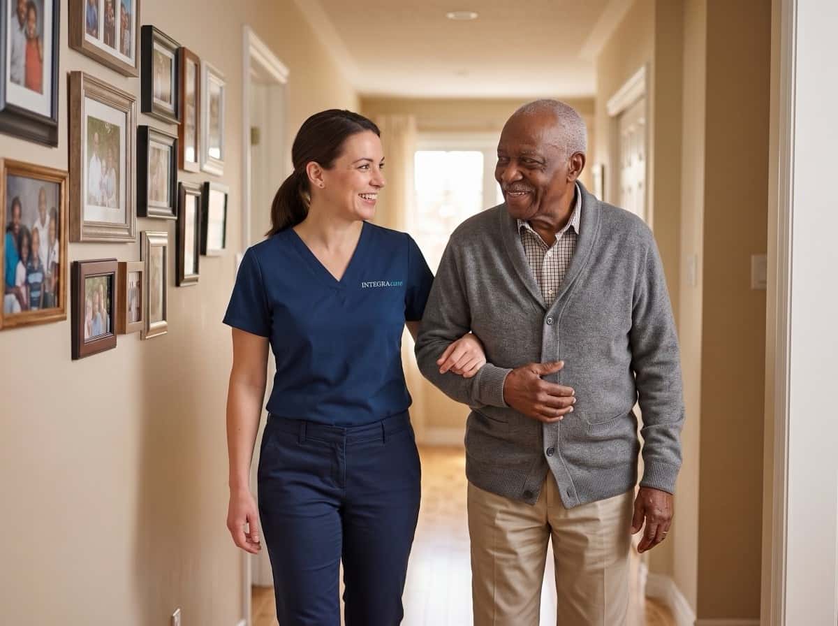 Integracare caregiver walking arm-in-arm with a senior client