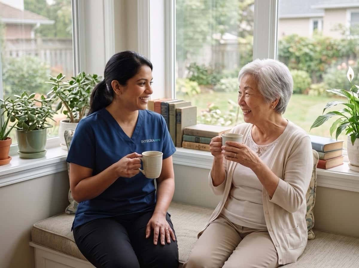 Integracare caregiver sharing tea with a senior client at home