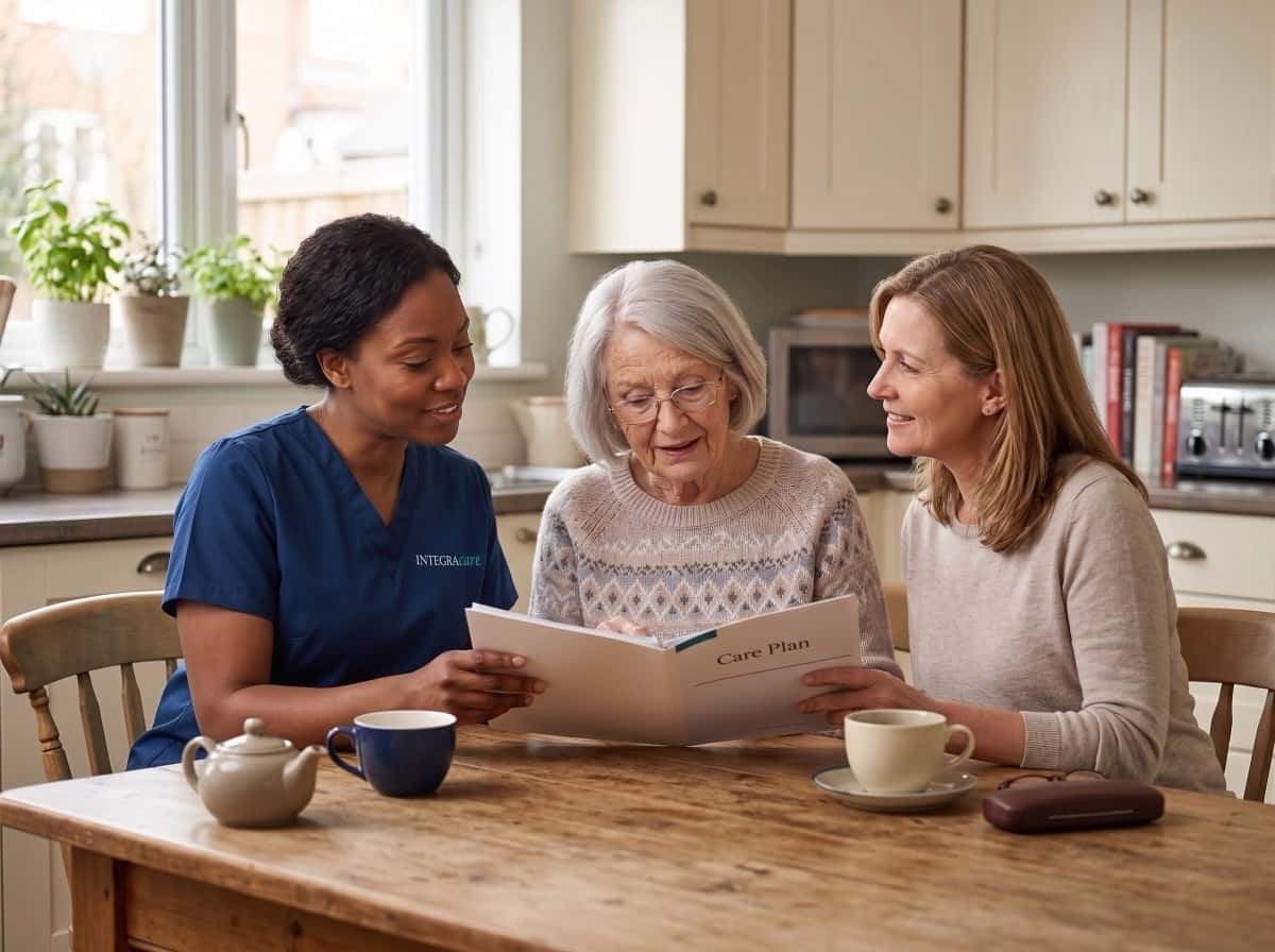 Integracare caregiver reviewing a care plan with a senior and her daughter