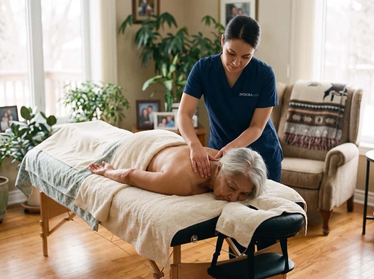 Registered massage therapist providing in-home massage therapy to a senior