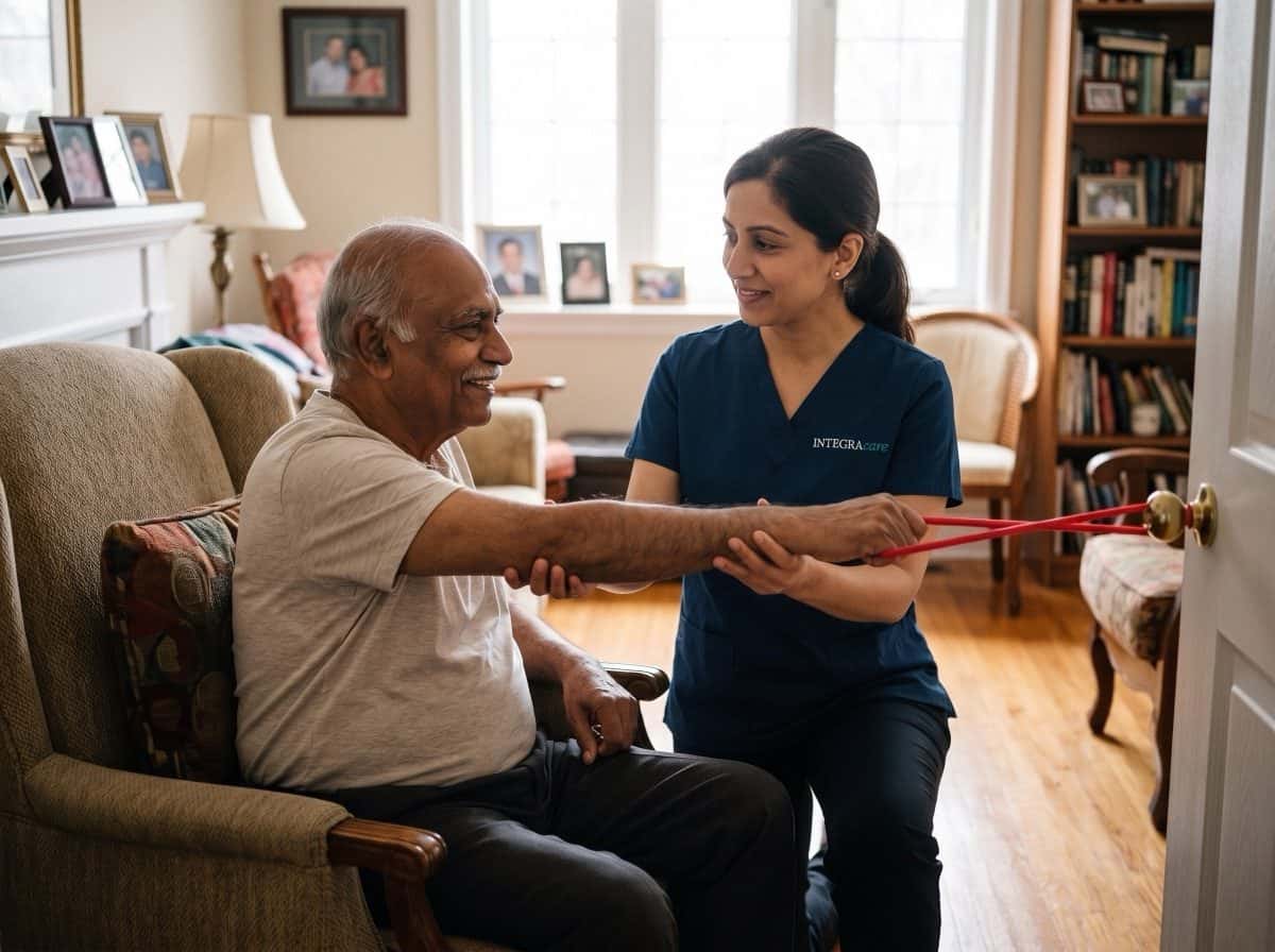 Physiotherapist helping a senior with mobility exercises at home