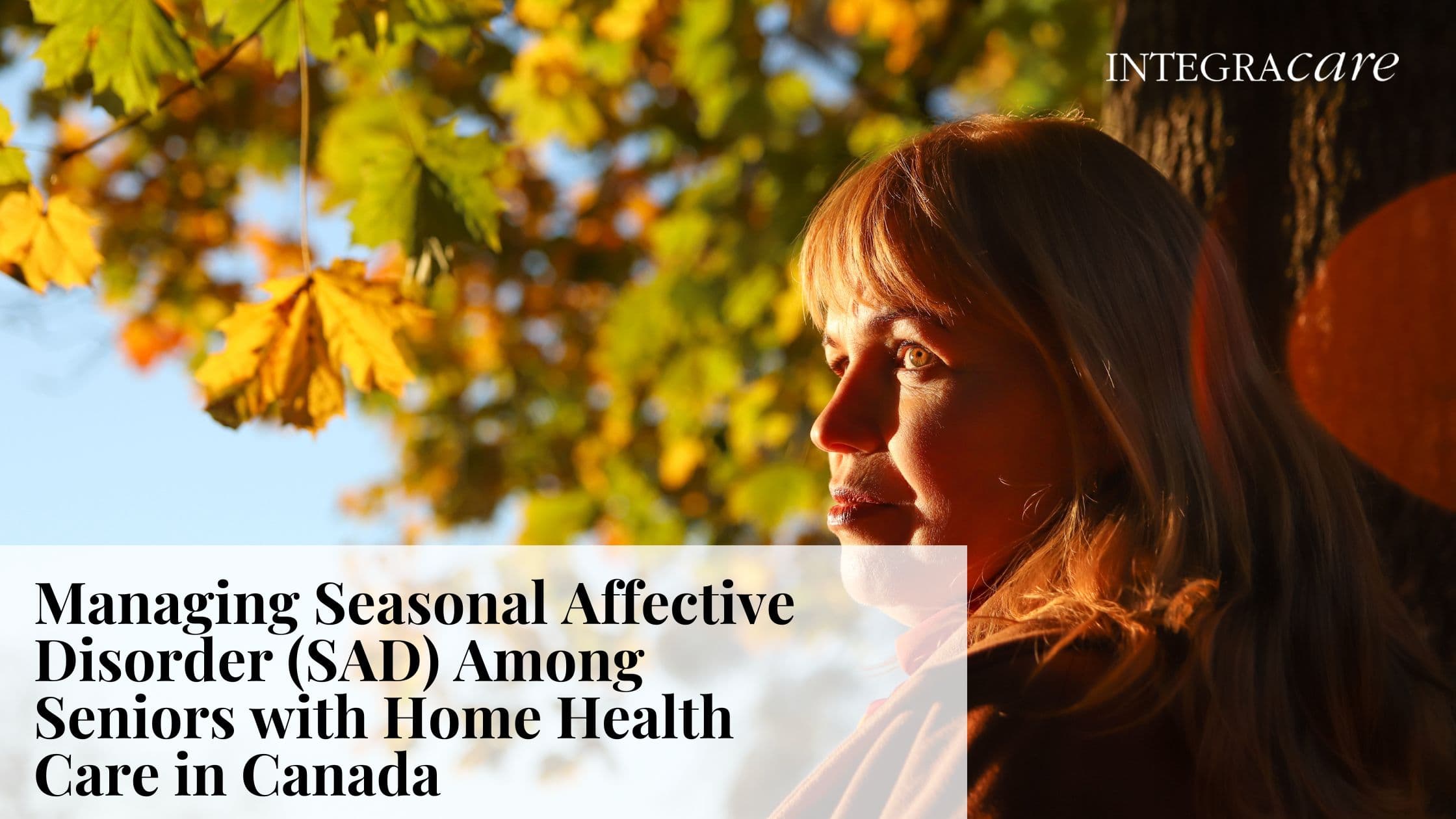 Elderly woman outdoors in autumn sunlight, highlighting Integracare’s support for seniors managing seasonal affective disorder with home health care.