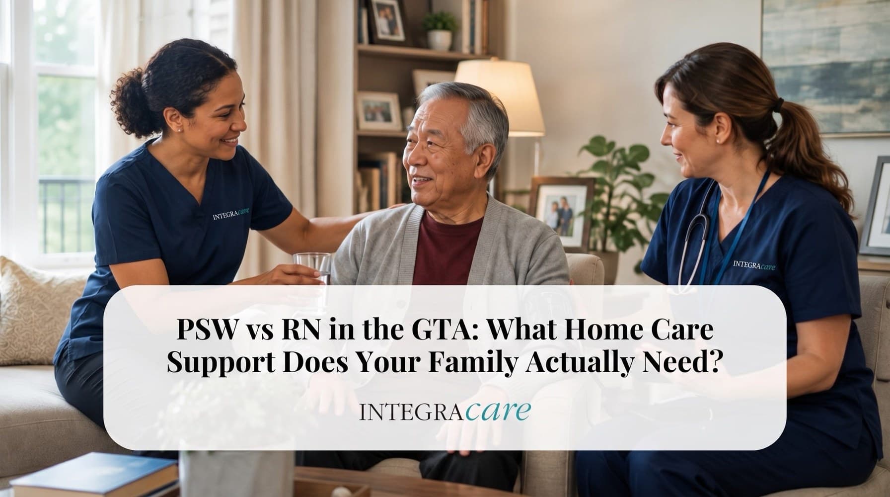 Senior man at home with a Personal Support Worker and Registered Nurse, representing PSW and RN home care options for families across the GTA.