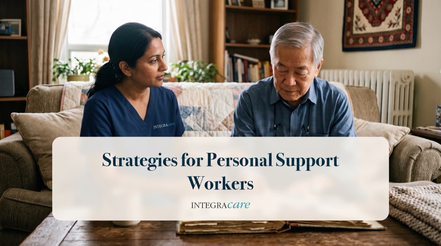 Caregiver in scrubs sitting on a couch and listening attentively to a senior man as they look through an old photo album together