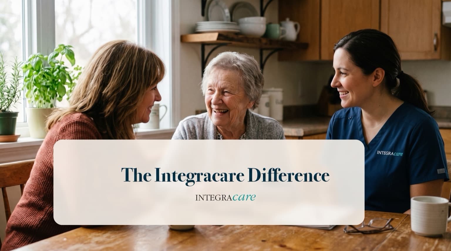 An adult daughter, her elderly mother, and a caregiver in navy scrubs chat and laugh together around a kitchen table, under the title The Integracare Difference