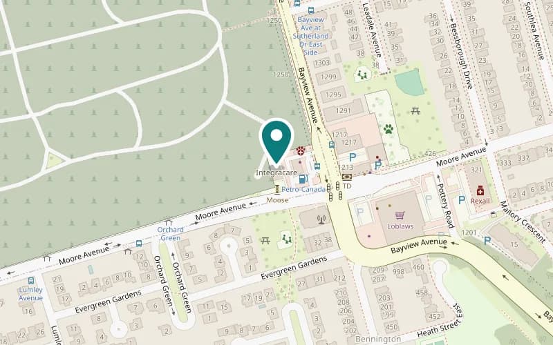 Map showing the Integracare Toronto office at 396 Moore Avenue, Toronto, ON M4G 1C7