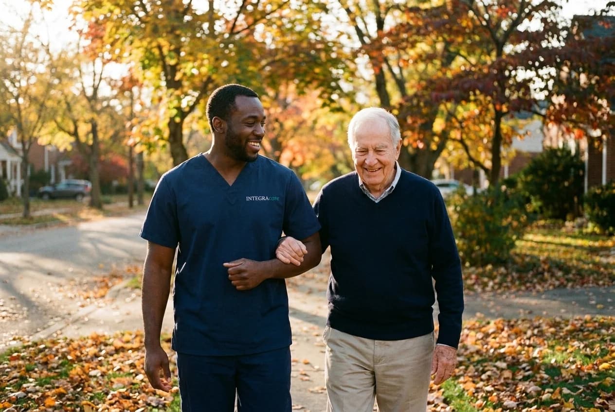 A caregiver walks arm in arm with a smiling older man along a residential street covered in autumn leaves.