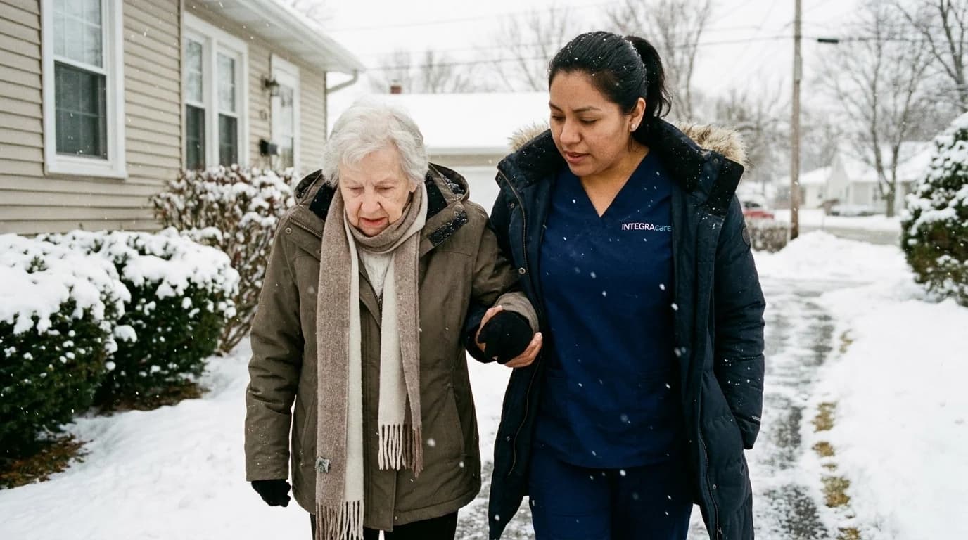 A caregiver in a navy scrub top and winter coat walks arm in arm with an older woman along a snowy front path.
