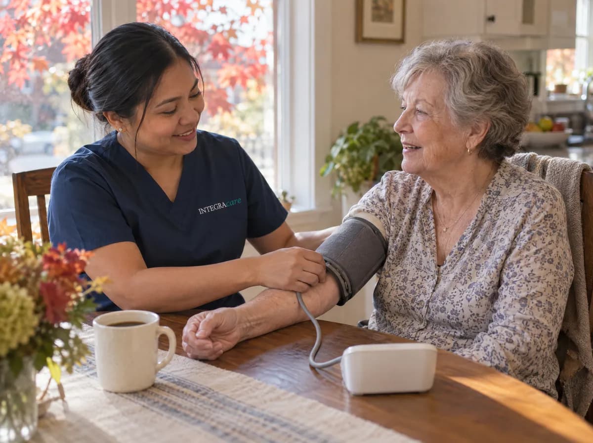 A caregiver in a navy Integracare scrub top fits a blood-pressure cuff on the upper arm of a smiling older woman at a kitchen table, red maple leaves in the window behind them.