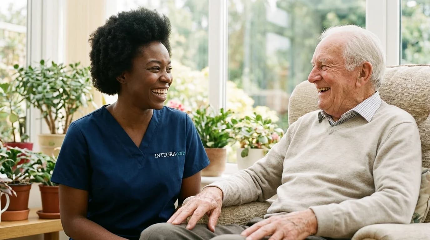A caregiver in a navy scrub top and an older man in a sweater share a laugh in a bright sunroom full of potted plants.