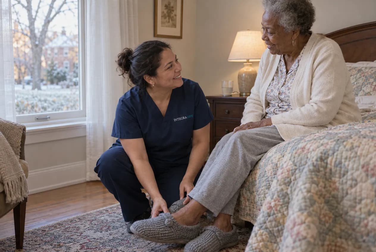 An Integracare caregiver in a navy scrub top kneels beside an older woman on the edge of her bed and eases a grey knitted slipper onto her foot. Frost covers the lawn outside the window.