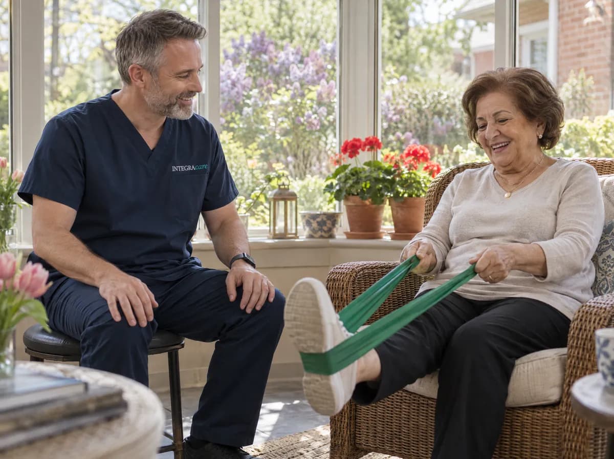 A caregiver in a navy Integracare scrub top sits on a stool and smiles as an older woman in a wicker armchair stretches one leg against a green resistance band in a sunroom, with lilacs in bloom outside.