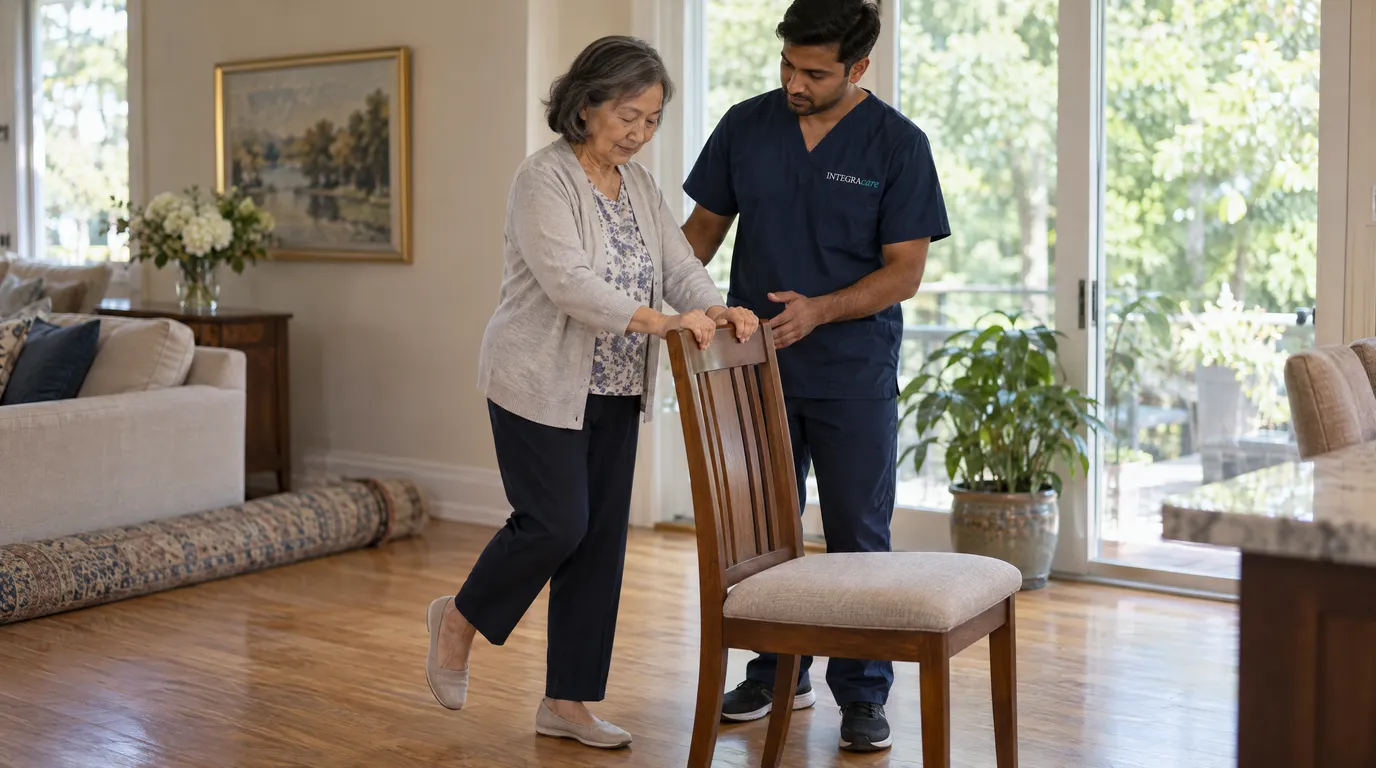 A caregiver in a navy Integracare scrub top stands beside a wooden chair and holds one hand ready near the hands of an older woman, who grips the chair back and lifts one foot for a balance exercise, the living-room rug rolled aside.
