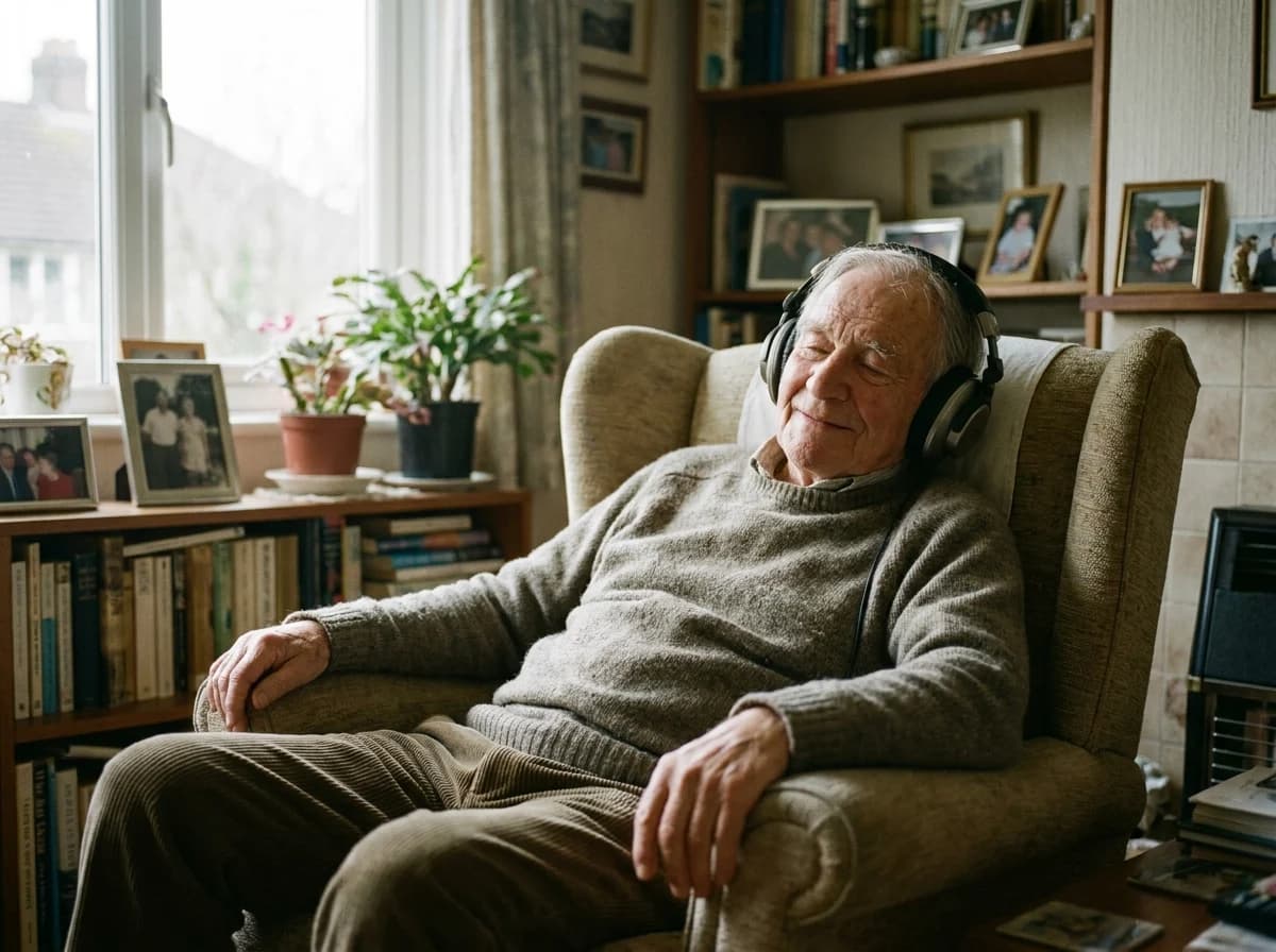 An older man in a grey sweater rests in a wingback armchair with headphones on and eyes closed, smiling, beside shelves of books and family photographs.