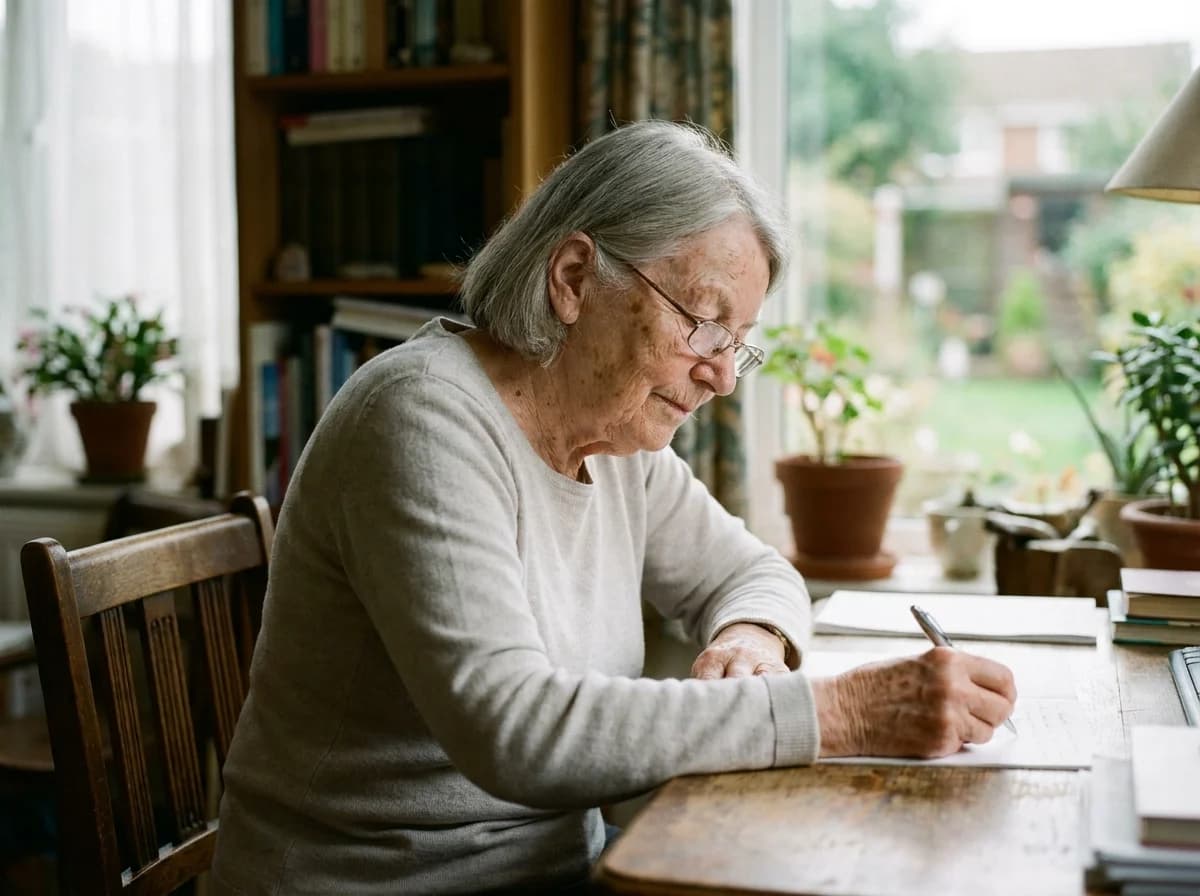 An older woman in reading glasses writes notes at a wooden desk beside a sunny window lined with potted plants.