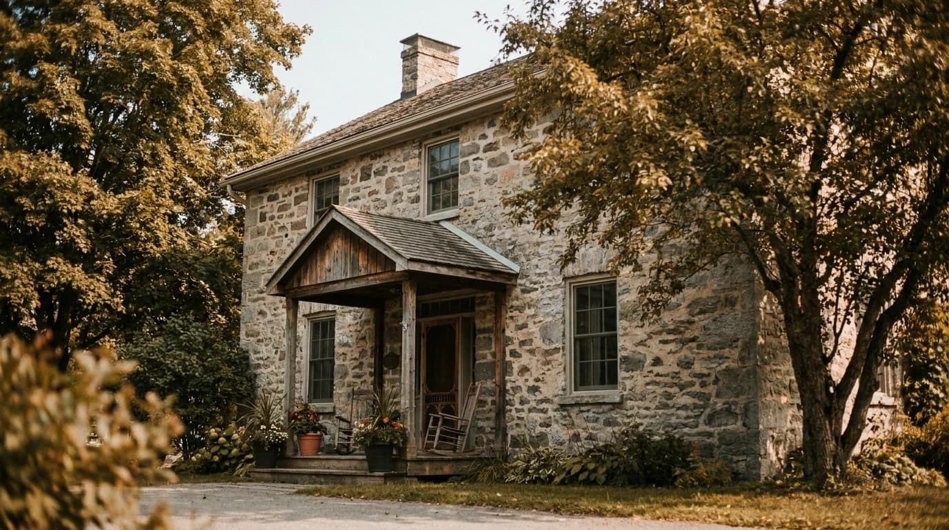 A two-storey stone house with a covered wooden porch and potted flowers, framed by mature trees in warm afternoon light.