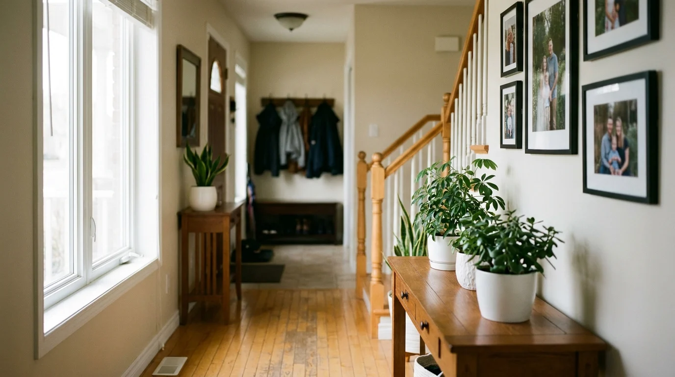 A sunlit front hallway with bare hardwood floors, a wooden stair railing and potted plants on a side table, with coats hung by the door.