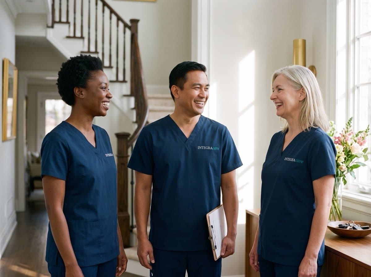 Three Integracare caregivers in navy scrubs talking together in a client home at the start of a shift