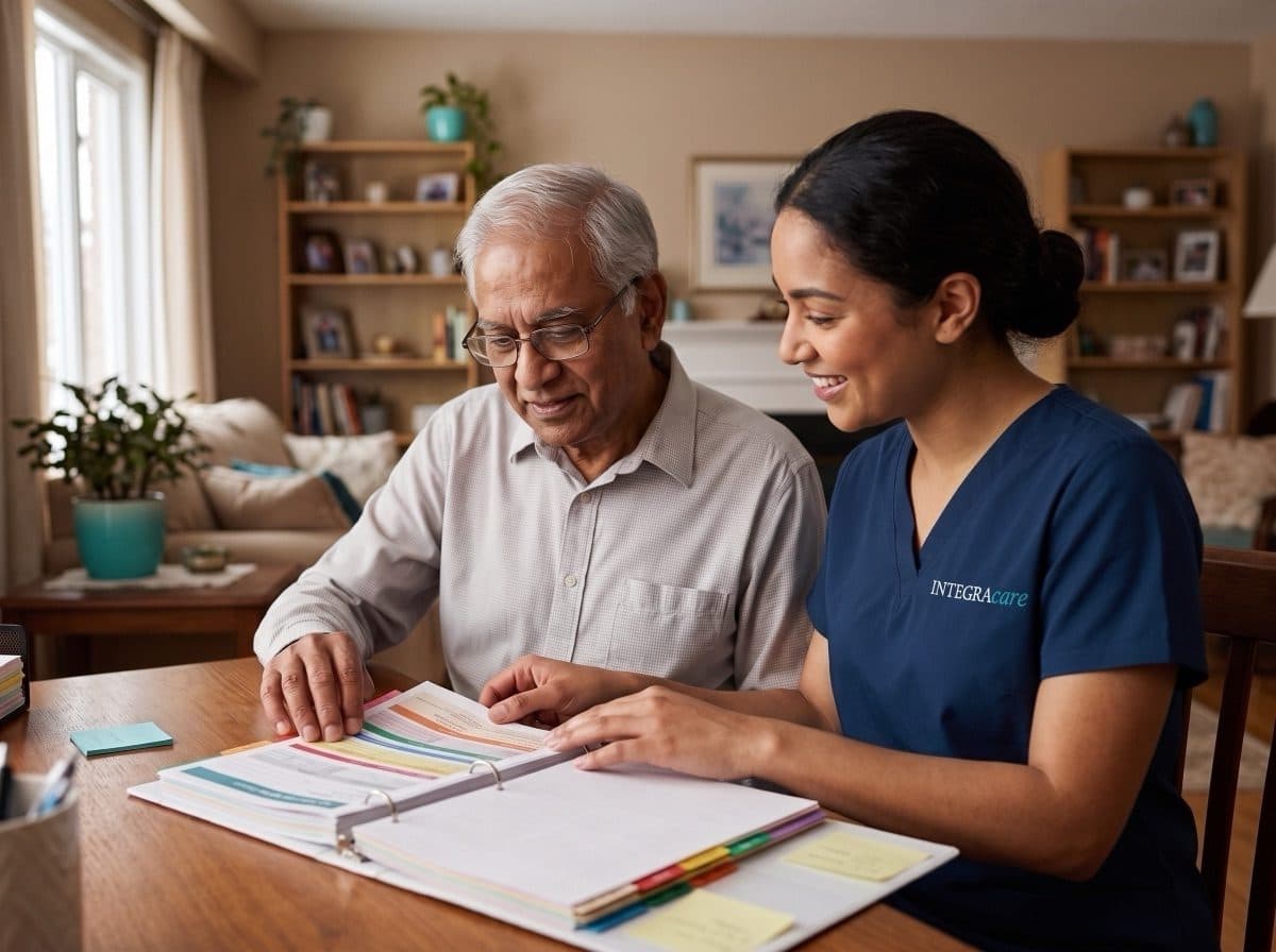 Caregiver going through medical paperwork with a senior man at his table