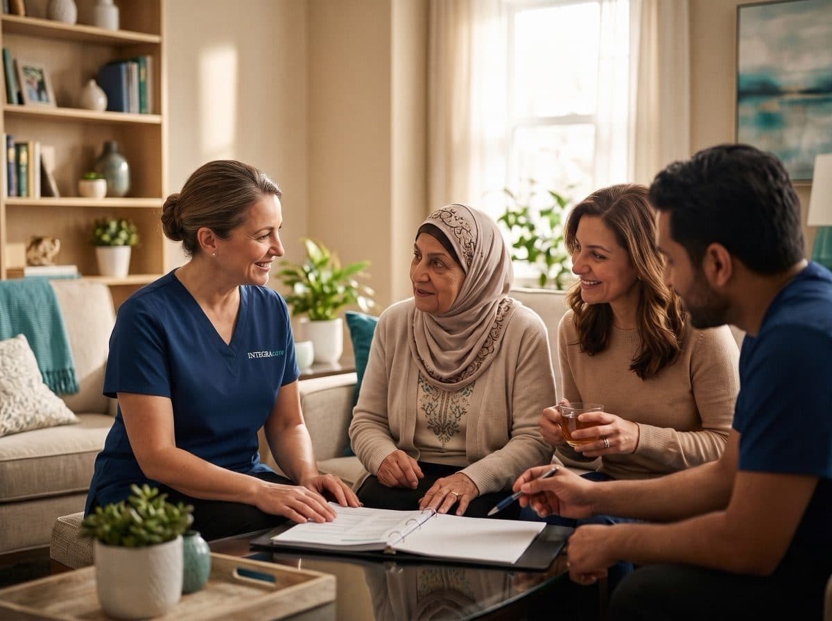 Caregiver meeting with a family around the kitchen table
