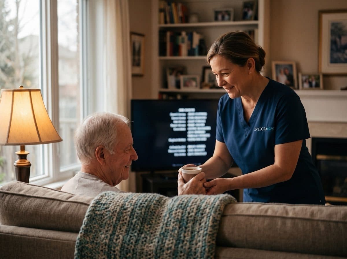 Live-in caregiver bringing a warm drink to a senior man in the evening