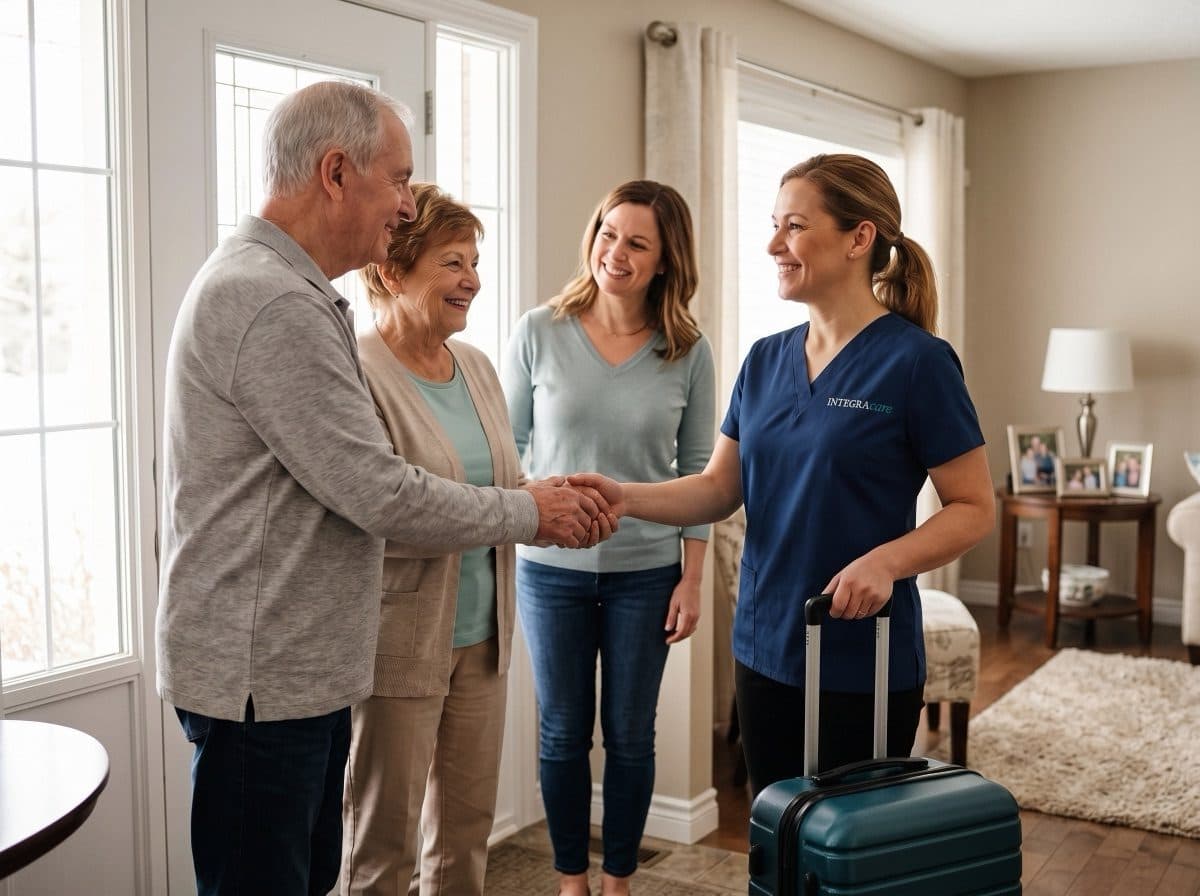 Live-in caregiver arriving and being greeted by the family at the door