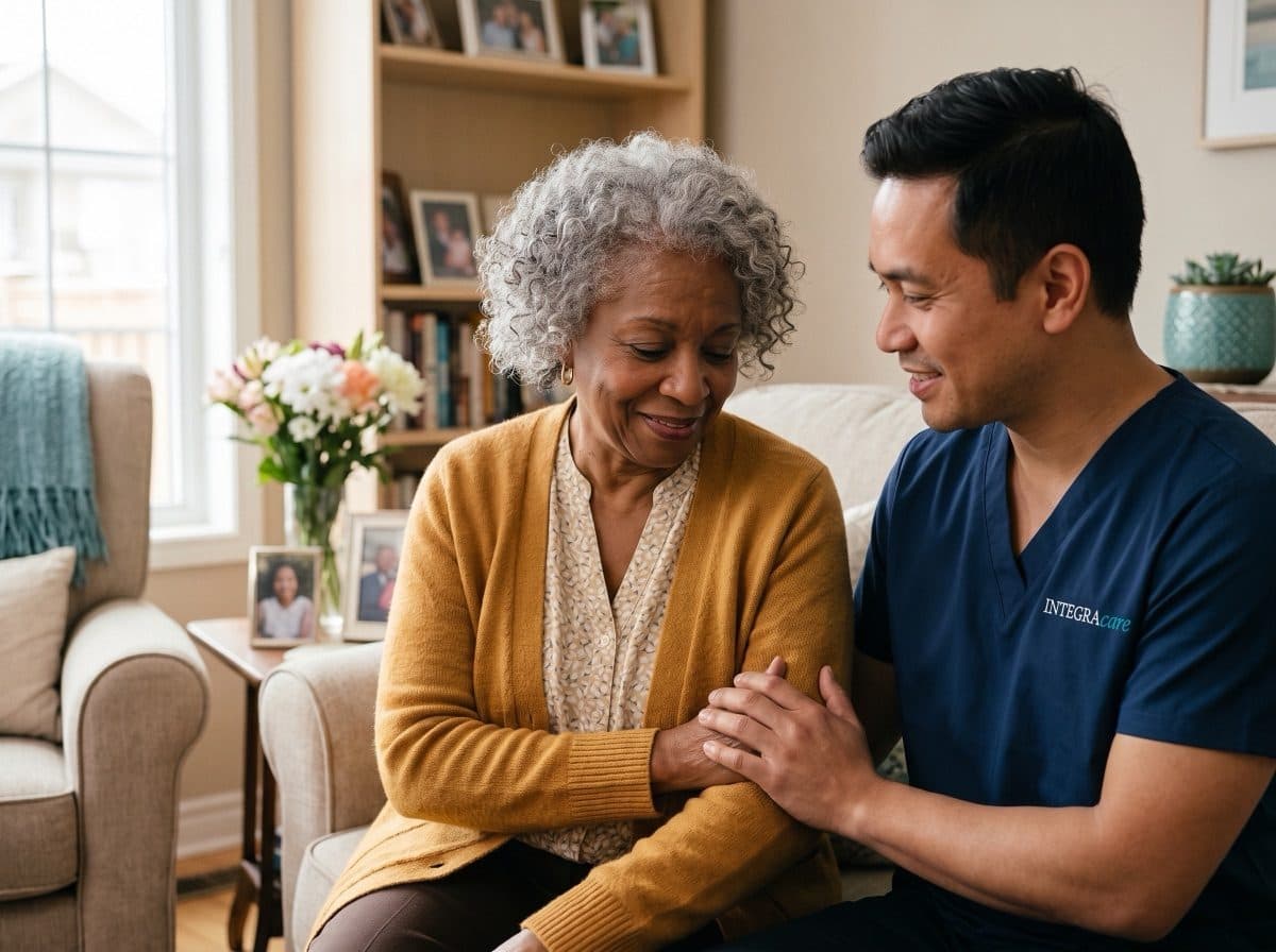 Registered massage therapist working on a senior woman’s hands at home