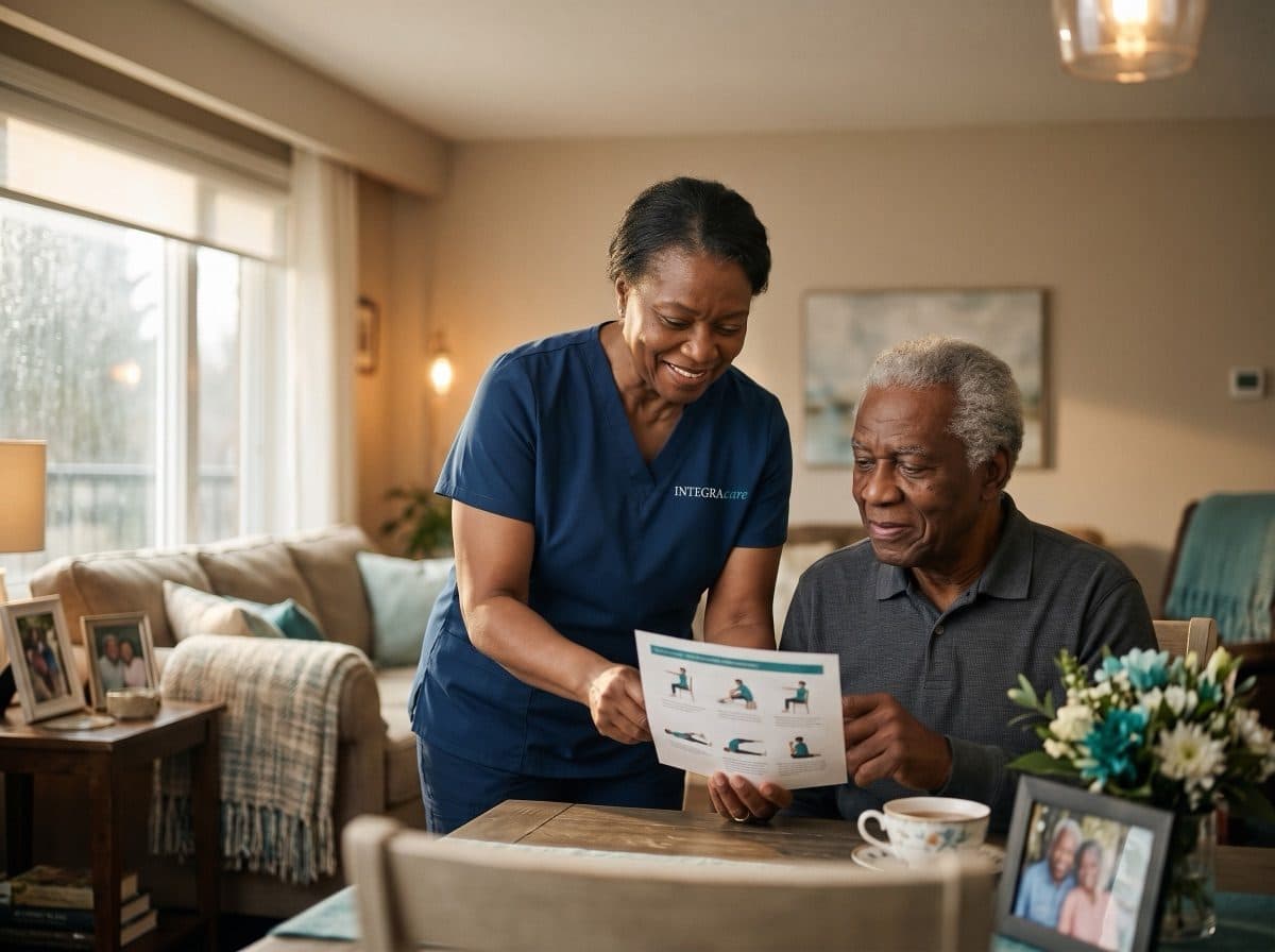 Therapist showing a senior man a home exercise guide