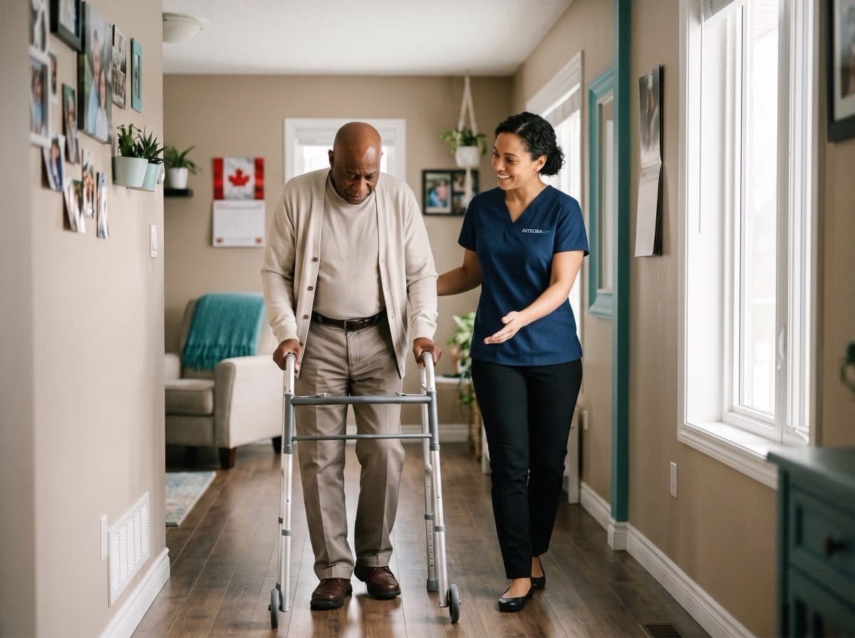 Physiotherapist walking beside a senior man using a walker