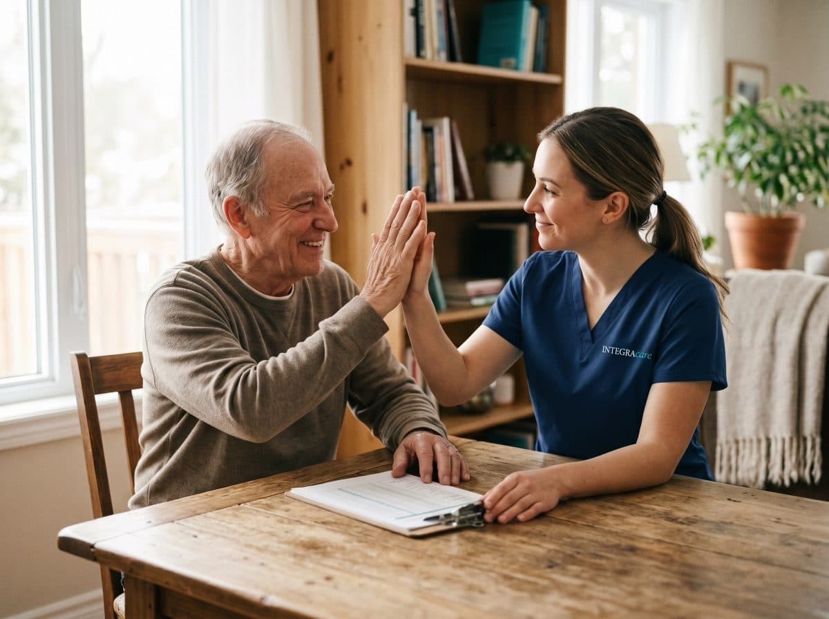 Physiotherapist guiding a senior man through a seated exercise