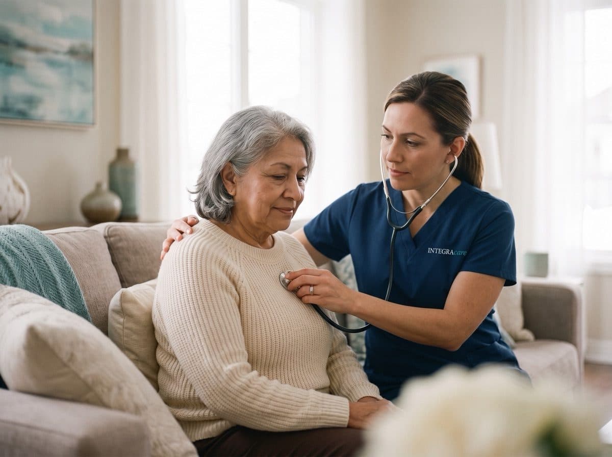 Registered Practical Nurse listening to a senior woman’s chest with a stethoscope