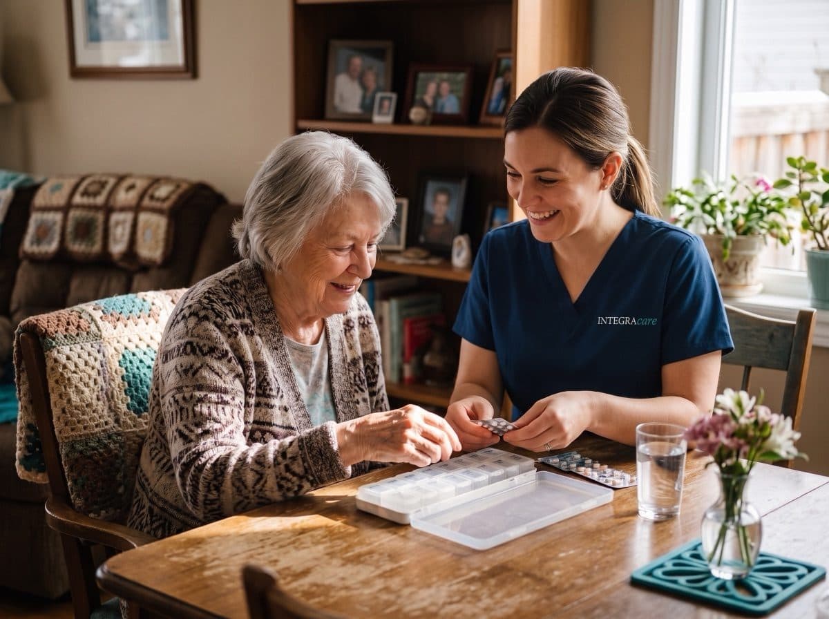 Nurse organising medications with a senior woman at home