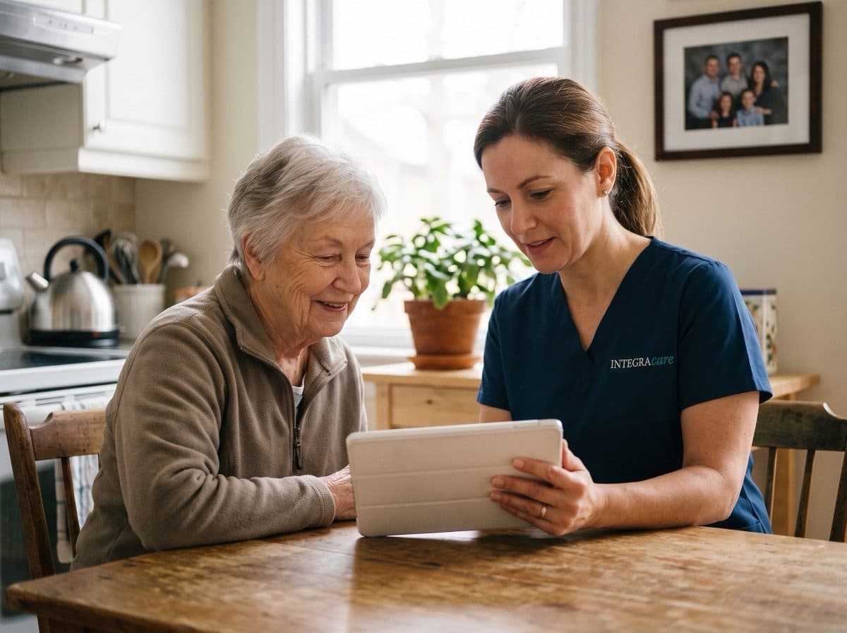 Nurse reviewing care notes on a tablet with a senior woman