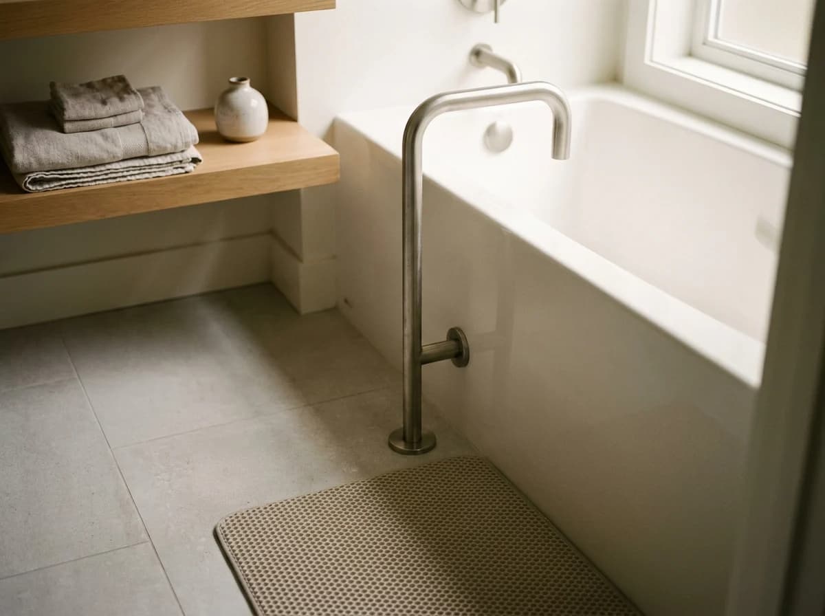 A bright bathroom with a stainless steel grab bar beside the tub and a non-slip mat on the tile floor.
