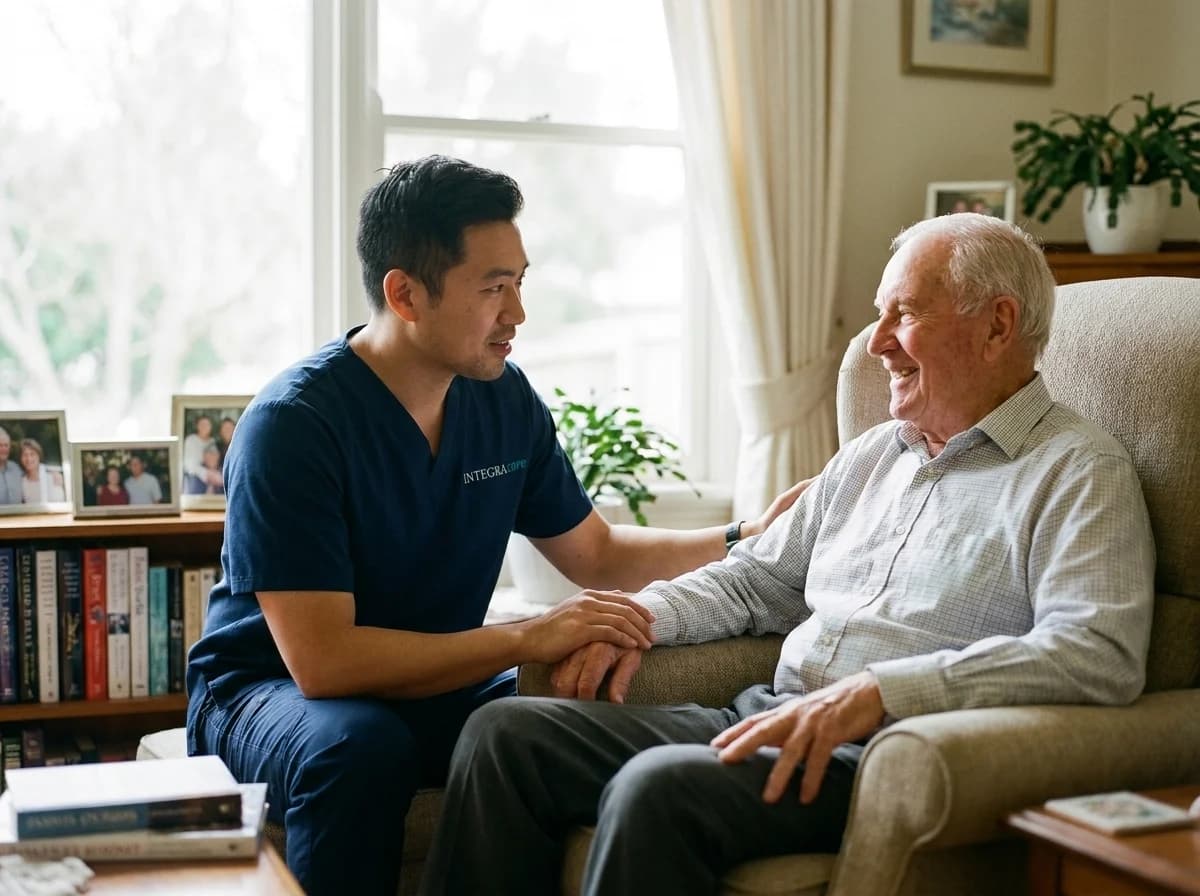 A caregiver in navy scrubs sits knee to knee with a smiling older man in an armchair, one hand resting on the man's arm as they talk.