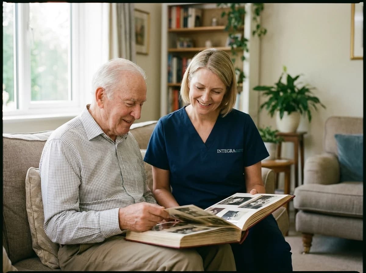 A caregiver and an older man sit on a living room sofa, smiling as they turn the pages of a photo album.