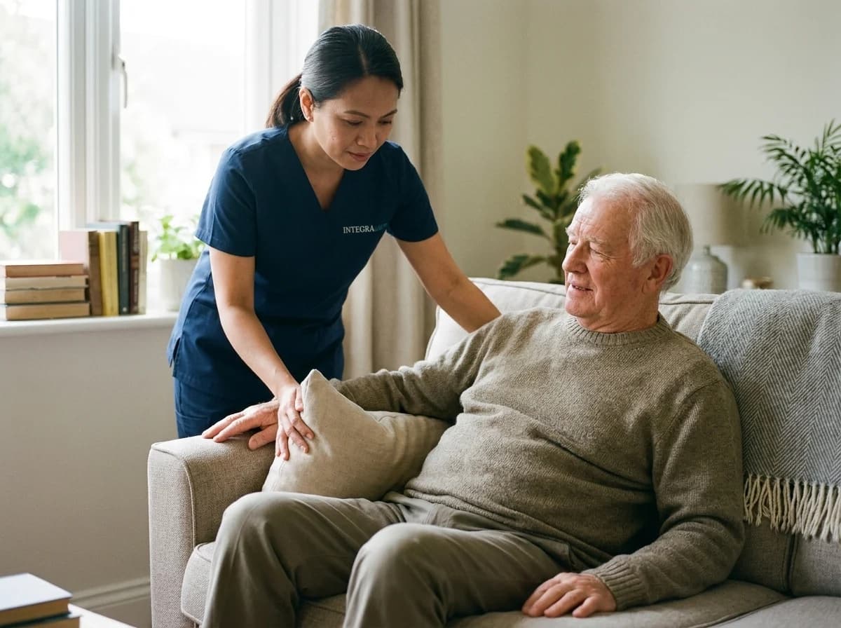 A caregiver in navy scrubs places a cushion beside an older man as the man settles onto a living room sofa.