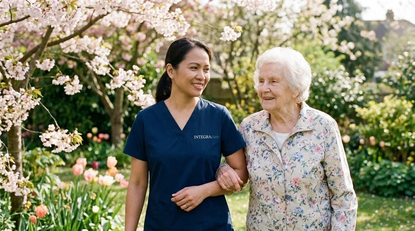 A caregiver and an older woman walk arm in arm through a garden of spring blossoms and tulips.