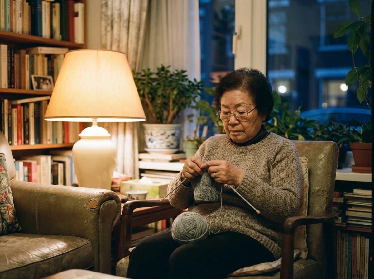 An older woman knits in an armchair by lamplight in the evening, with the lit windows of neighbouring buildings visible outside.