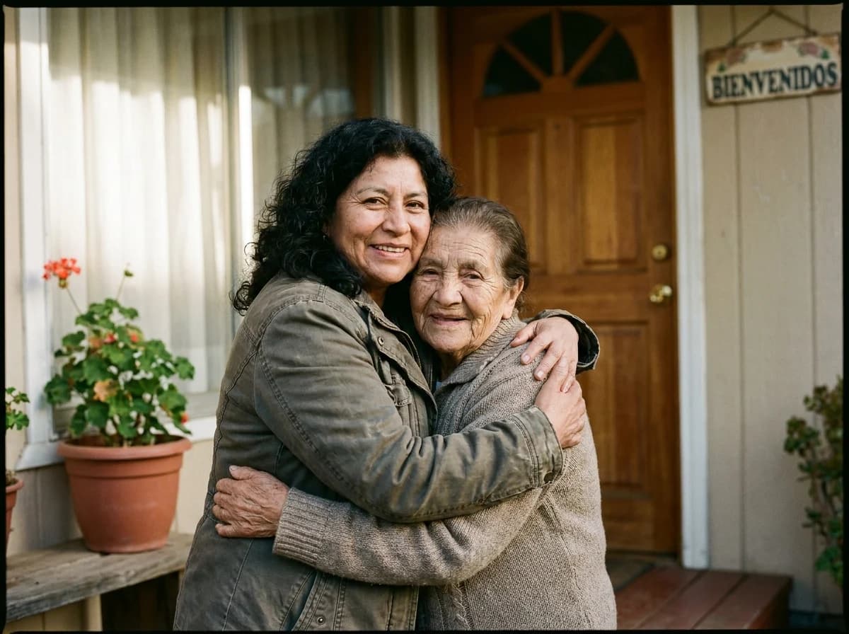An older woman and another woman sharing an embrace outside their home