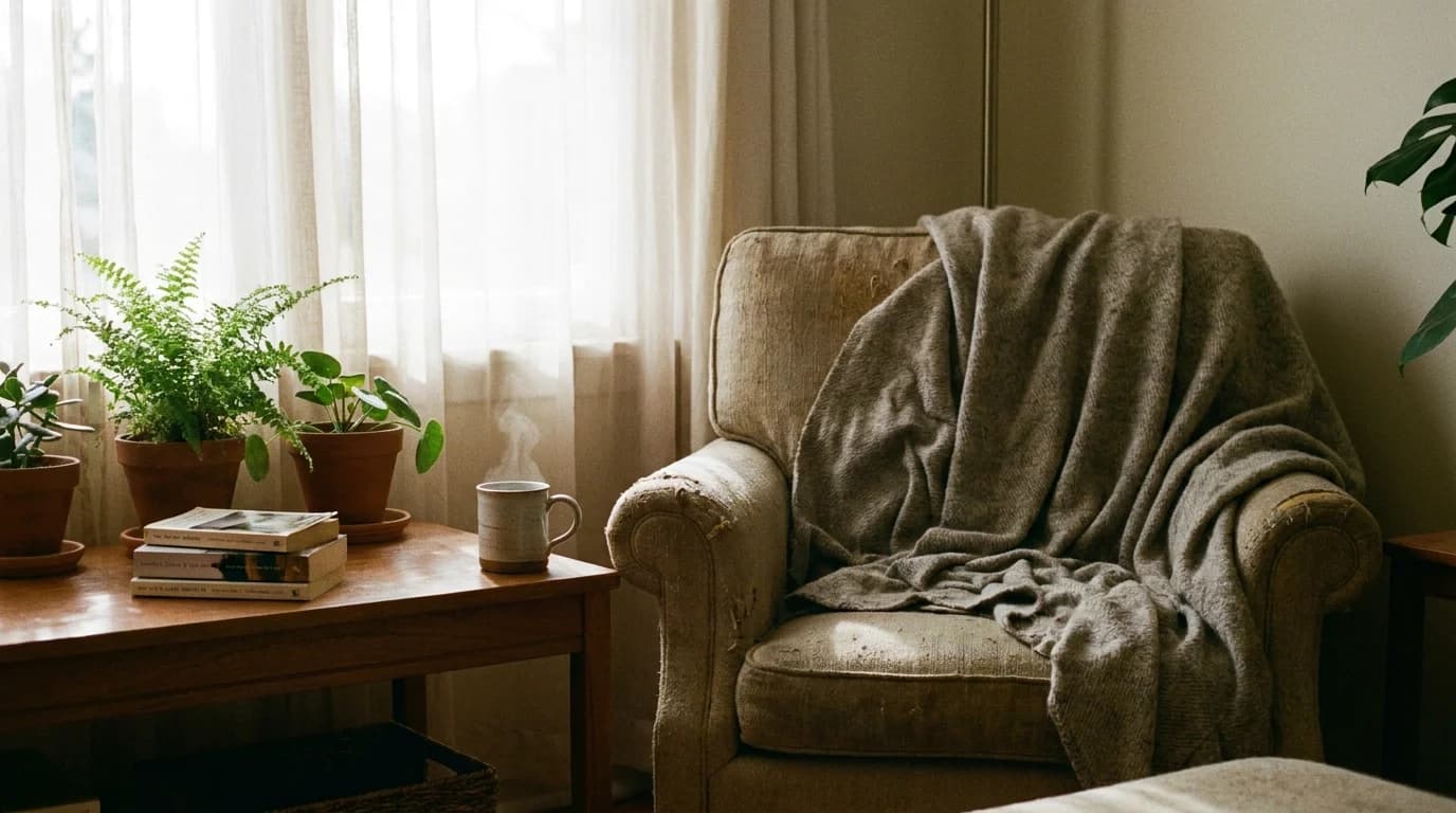 An empty armchair draped in a grey throw, next to a table holding a steaming mug, a stack of books and potted ferns by a curtained window.