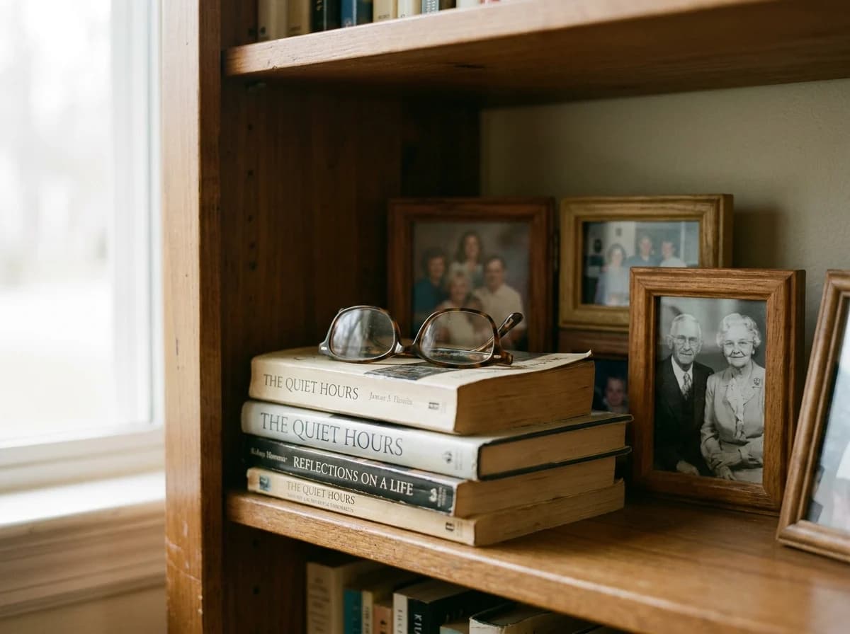 Reading glasses rest on a stack of well-worn books on a wooden shelf, beside framed family photographs in soft window light.