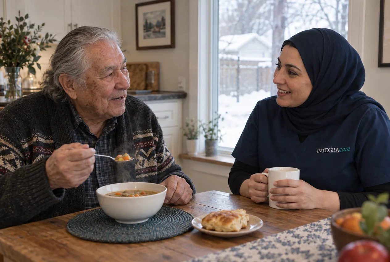 An older man eats homemade vegetable soup with a piece of bannock at his kitchen table while a caregiver in a navy scrub top and hijab sits across from him with a mug of coffee. Snow covers the back lane outside the window.