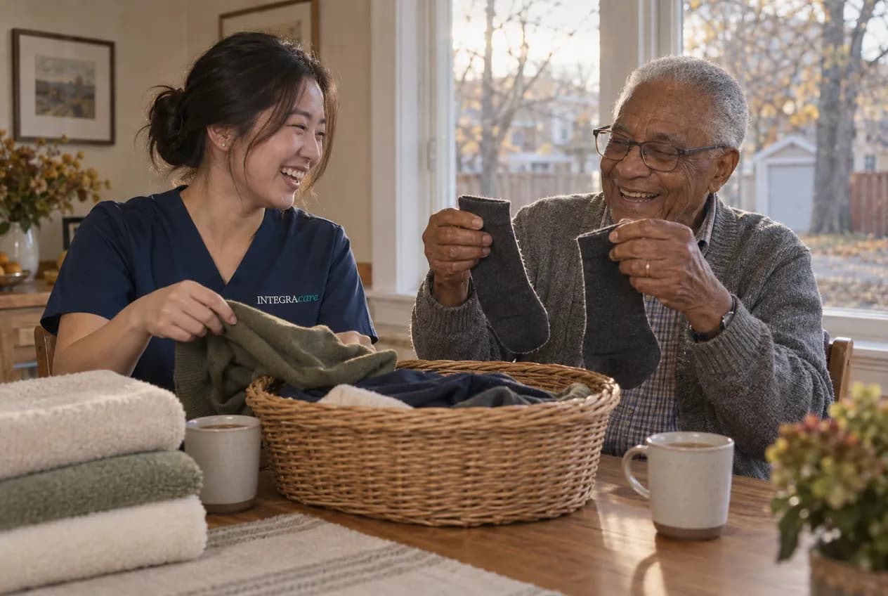 A caregiver in navy scrubs and an older man laugh at a kitchen table as he holds up a pair of grey socks, with a laundry basket, folded towels and two mugs of tea in front of them.