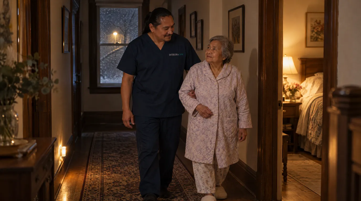A caregiver in navy scrubs walks arm in arm with an older woman in a quilted housecoat and slippers along a dim hallway at night, toward her lamplit bedroom. Snow falls past the window at the end of the hall.