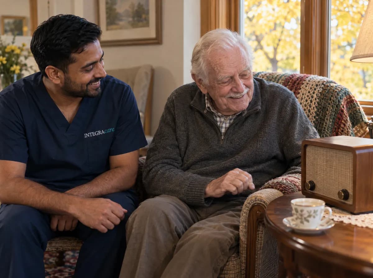 An older man in a grey sweater smiles and taps along to a song on a wooden radio while a caregiver in navy scrubs sits beside him and smiles. Yellow autumn leaves fill the window behind them.