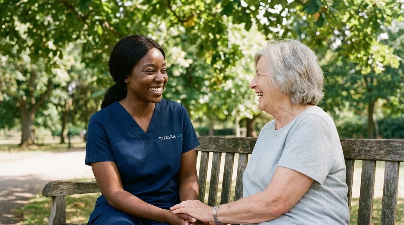 A caregiver and an older woman hold hands and laugh together on a wooden park bench under summer trees.