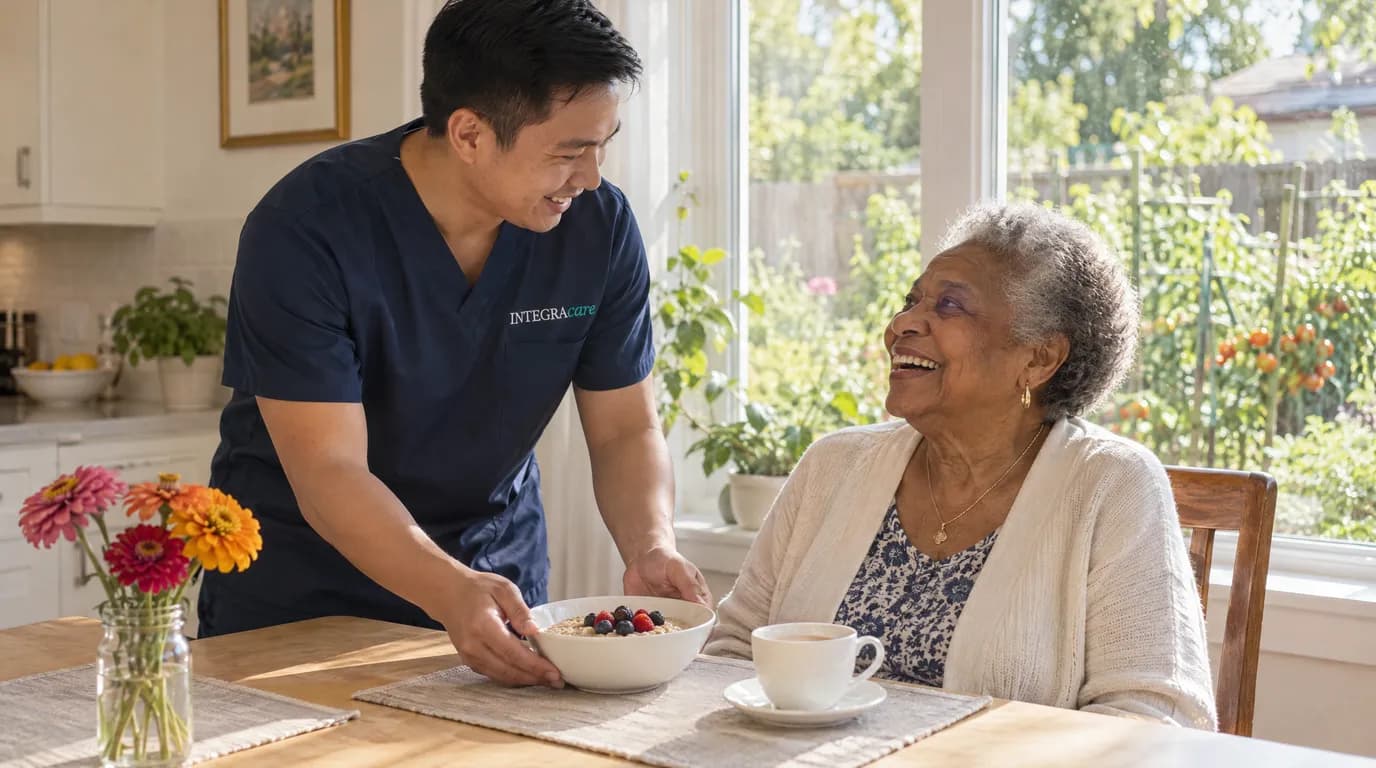 A caregiver in navy scrubs sets a bowl of oatmeal with berries in front of an older woman at her kitchen table, and they share a laugh on a sunny morning with a vegetable garden outside the window.