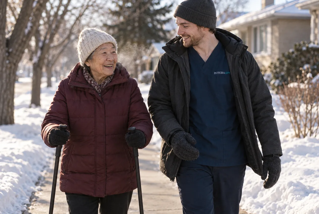 An older woman using walking poles laughs with a caregiver as they walk along a cleared sidewalk between snowbanks on a sunny winter day.