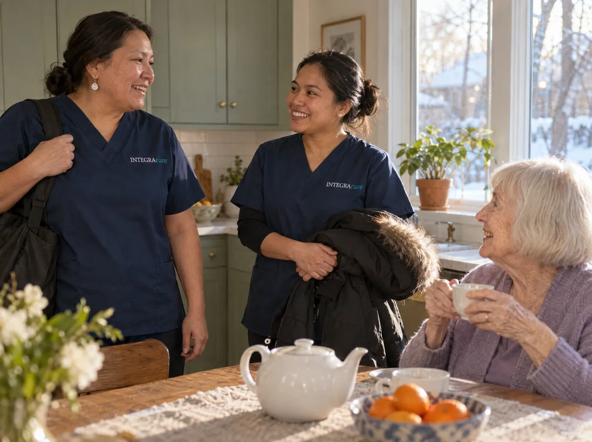 Two caregivers in navy scrubs chat in a sunny kitchen during a shift handover, one with a bag on her shoulder and one holding her winter coat, while an older woman sips tea at the table with snow outside the window.